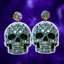 Load image into Gallery viewer, Silver skull illusion earrings with high-definition printed design, offering a cool, edgy style perfect for Halloween or everyday wear.
