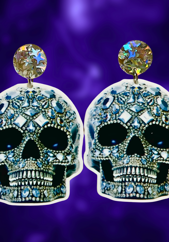 Silver skull illusion earrings with high-definition printed design, offering a cool, edgy style perfect for Halloween or everyday wear.