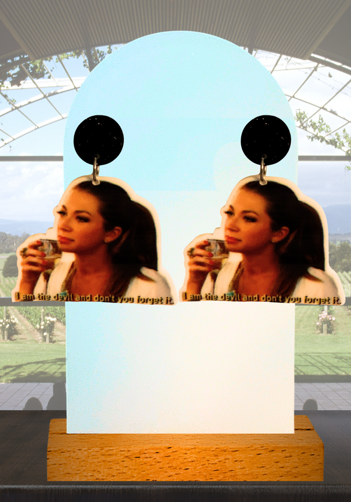 Earrings featuring Stassi Schroeder from Vanderpump Rules holding a glass of wine with the caption 