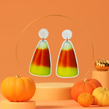 Load image into Gallery viewer, Candy Corn Craze Earrings - cute and colorful Halloween-themed jewelry perfect for celebrating the spooky season
