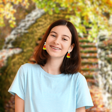 Load image into Gallery viewer, Candy Corn Craze Earrings - cute and colorful Halloween-themed jewelry perfect for celebrating the spooky season
