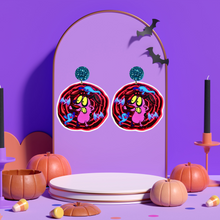 Load image into Gallery viewer, Earrings featuring Courage the Cowardly Dog looking terrified, surrounded by spooky ghosts, designed for fans of the classic Cartoon Network show and unique Halloween accessories.
