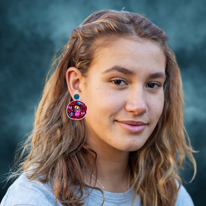 Earrings featuring Courage the Cowardly Dog looking terrified, surrounded by spooky ghosts, designed for fans of the classic Cartoon Network show and unique Halloween accessories.