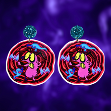 Load image into Gallery viewer, Earrings featuring Courage the Cowardly Dog looking terrified, surrounded by spooky ghosts, designed for fans of the classic Cartoon Network show and unique Halloween accessories.
