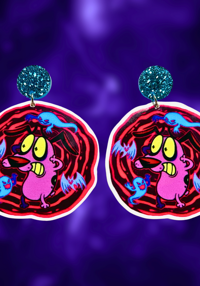 Earrings featuring Courage the Cowardly Dog looking terrified, surrounded by spooky ghosts, designed for fans of the classic Cartoon Network show and unique Halloween accessories.