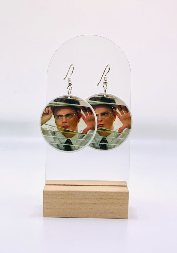 Dwight Schrute Peeking Through Blinds Earrings from The Office, capturing his iconic surveillance moment in detailed craftsmanship