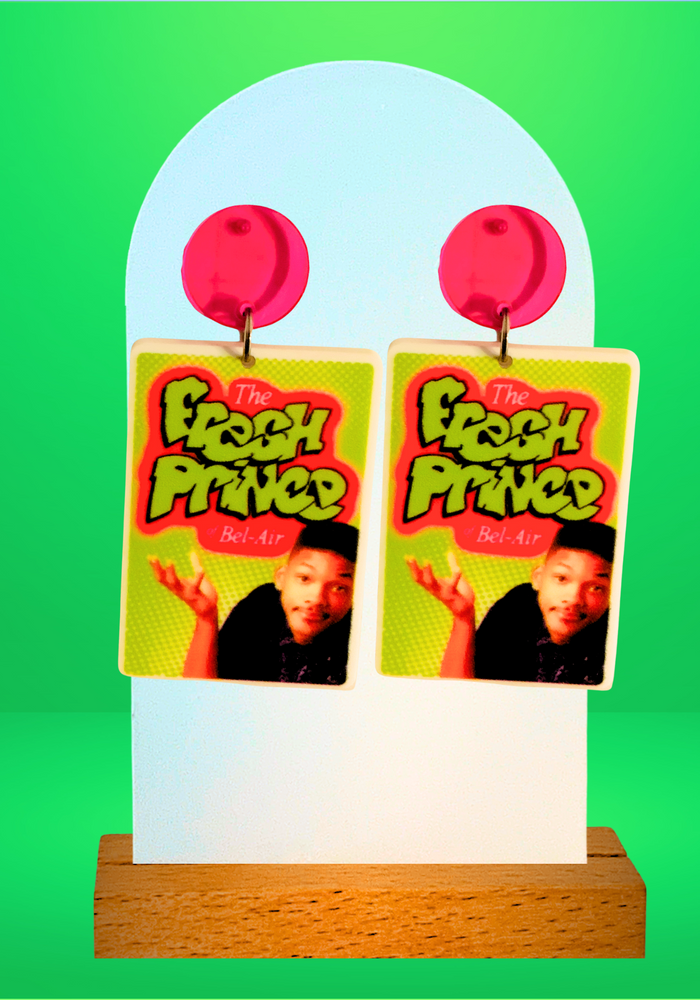 Lime green “The Fresh Prince of Bel-Air” earrings featuring a photo of shrugging Will Smith in 90s attire