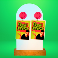 Lime green “The Fresh Prince of Bel-Air” earrings featuring a photo of shrugging Will Smith in 90s attire