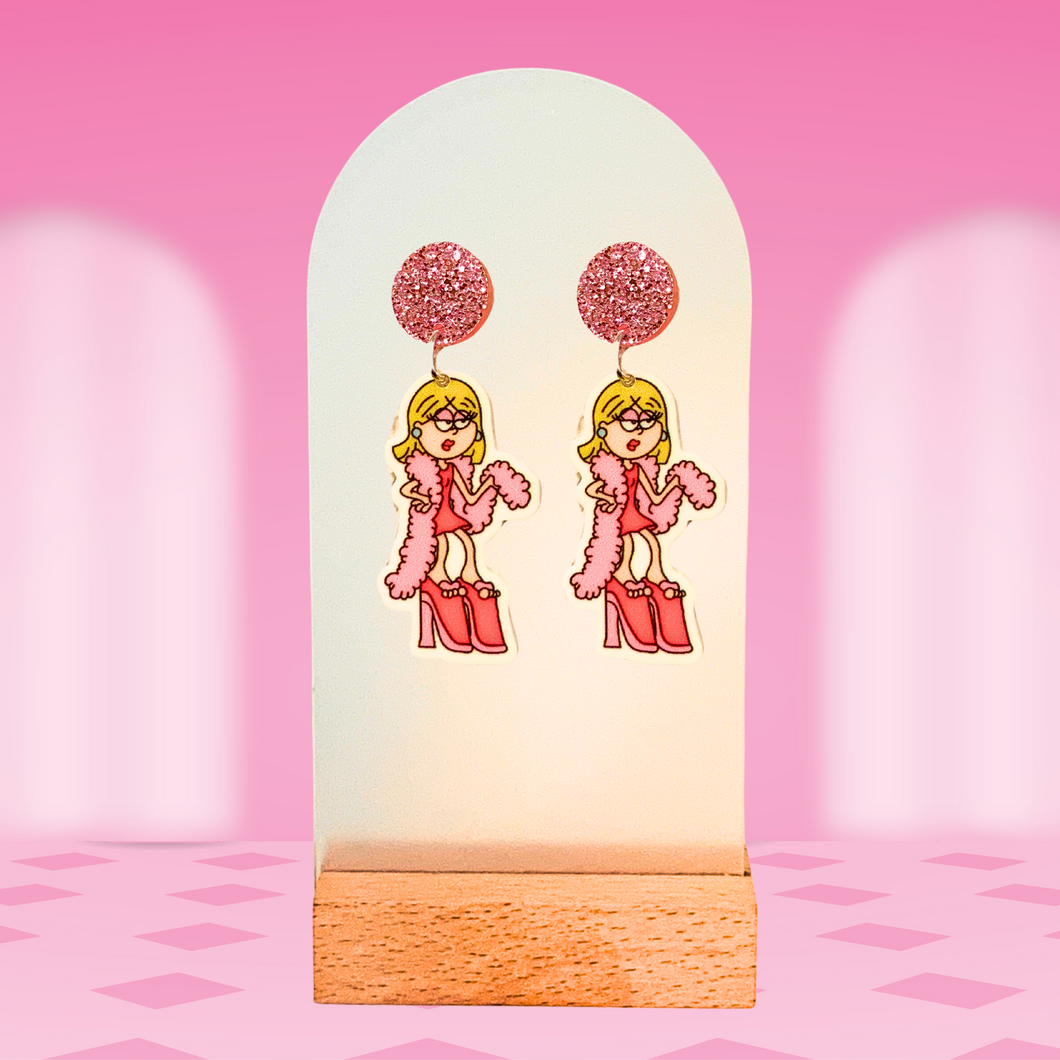 Earrings featuring animated Lizzie Mcguire with a boa and platforms, complete with pink studs and a pink background