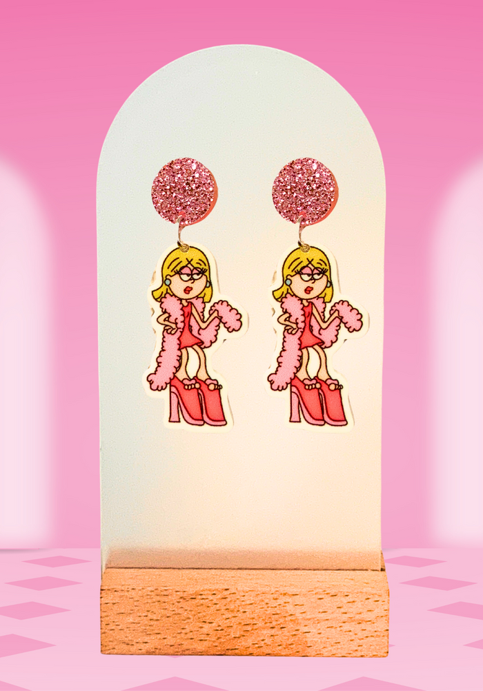 Earrings featuring animated Lizzie Mcguire with a boa and platforms, complete with pink studs and a pink background