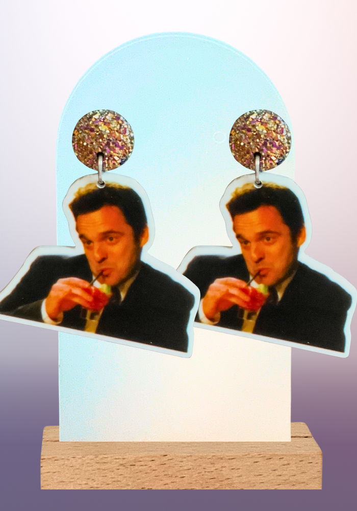Earrings featuring Nick Miller drinking a cocktail