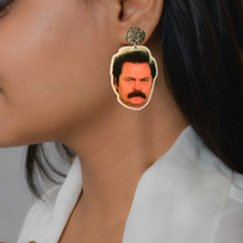 Load image into Gallery viewer, Close-up of an ear with a Ron Swanson’s face earring from Parks and Rec.
