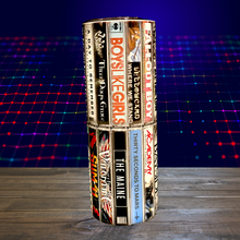 Load image into Gallery viewer, A 20 oz stainless steel insulated tumbler featuring sublimated cassette designs with band names from the Elder Emo era, including Paramore, Fall Out Boy, My Chemical Romance, Blink-182, and The All-American Rejects. Comes with a secure lid and reusable straw, perfect for hot and cold drinks.
