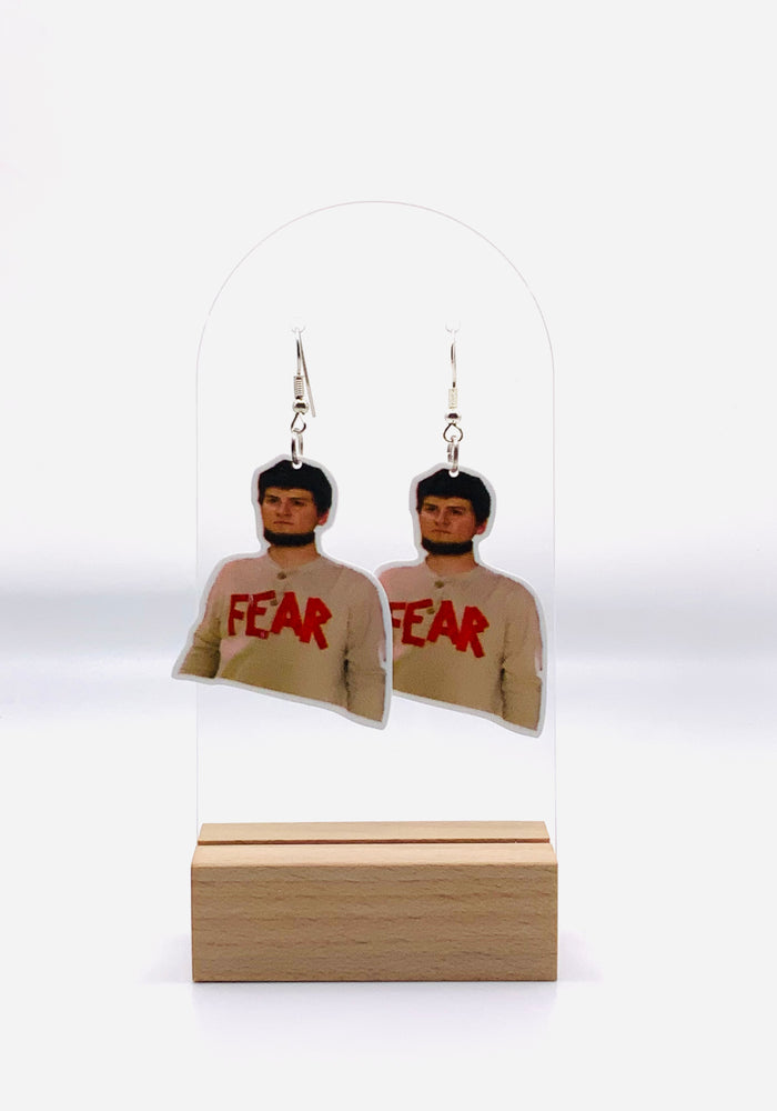 Earrings capturing the unforgettable Mose Schrute from The Office, depicted with a 