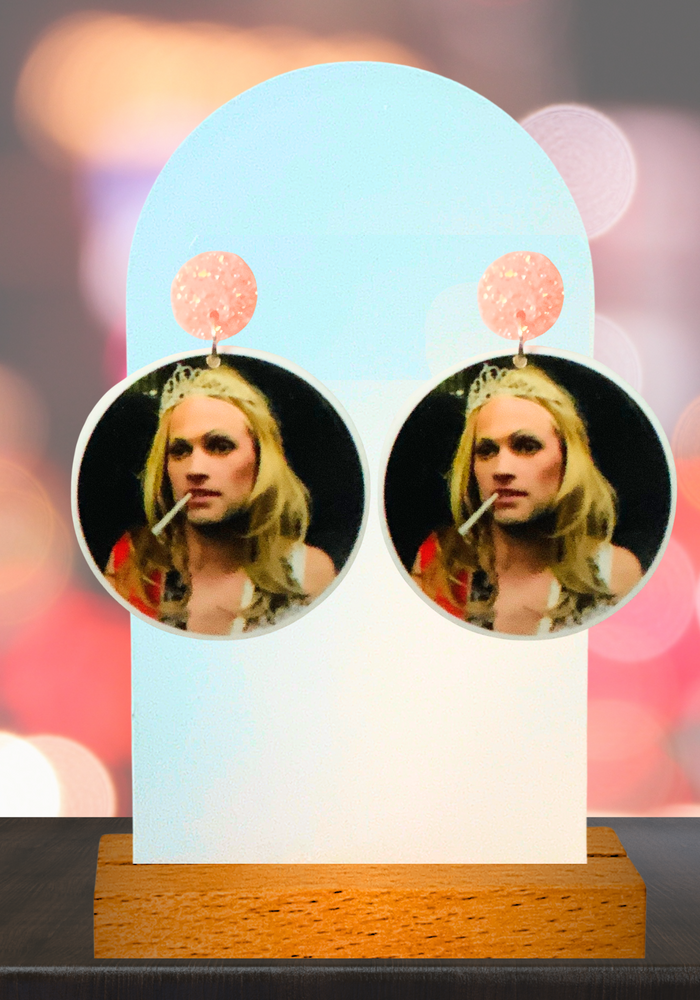 Earrings featuring Tom Schwartz dressed as a woman in a tiara and sash from Vanderpump Rules' Vegas night.