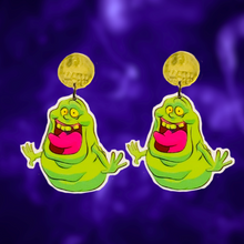 Load image into Gallery viewer, Earrings featuring Slimer from Ghostbusters, perfect for fans of the iconic 80s movie and fun Halloween accessories.
