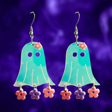 Load image into Gallery viewer, Translucent purple ghost earrings with floral accents and dangling flowers, perfect for fans of fun and unique Halloween accessories.
