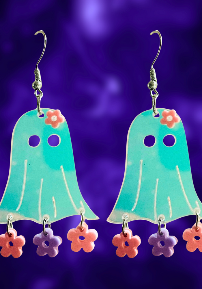 Translucent purple ghost earrings with floral accents and dangling flowers, perfect for fans of fun and unique Halloween accessories.
