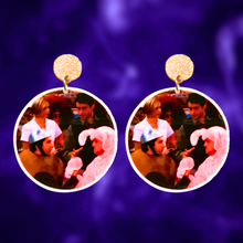 Load image into Gallery viewer, Earrings featuring Ross and Chandler from FRIENDS arm wrestling, dressed in a pink bunny costume and a Sputnik costume.
