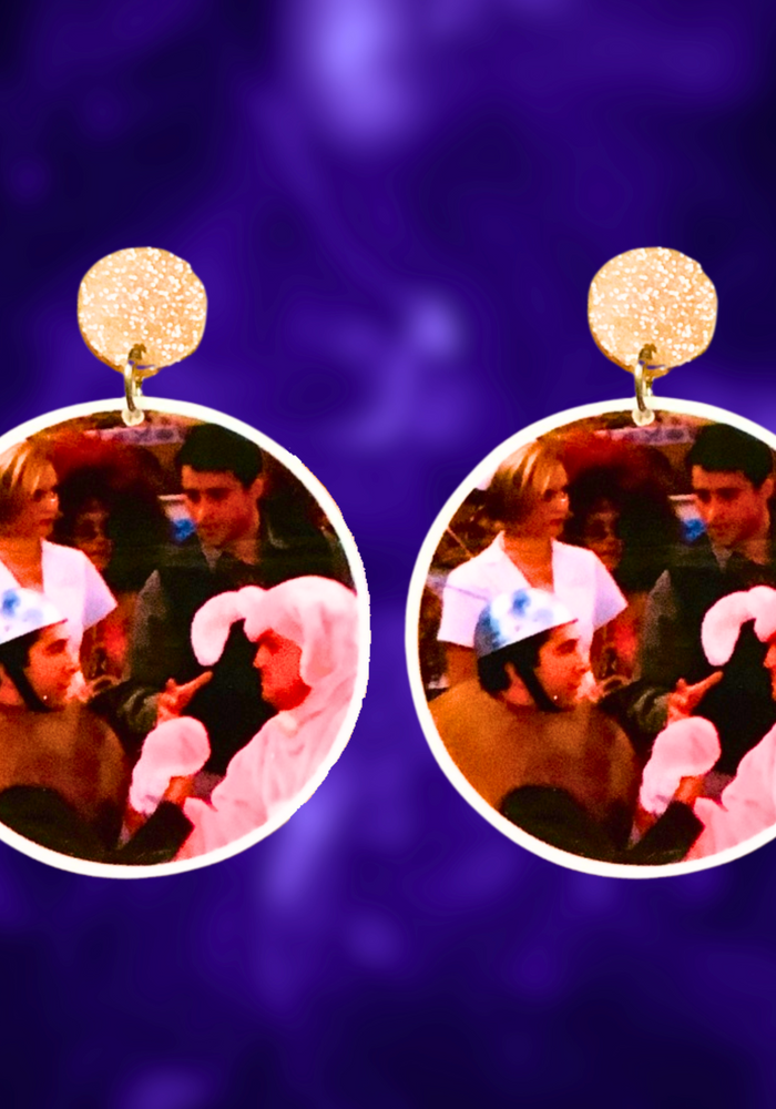Earrings featuring Ross and Chandler from FRIENDS arm wrestling, dressed in a pink bunny costume and a Sputnik costume.