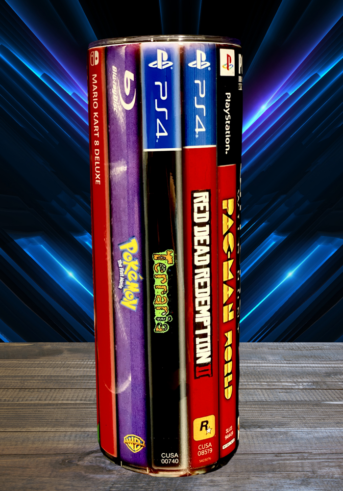 A 20 oz stainless steel insulated tumbler featuring iconic game covers like Terraria, Red Dead Redemption II, Pokemon: The First Movie, Pac-Man World