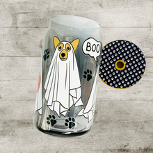 Load image into Gallery viewer, A 16 oz glass cup with a Halloween design of dogs dressed as ghosts, featuring “boo” speech bubbles, paw prints, a patterned bamboo lid, and a reusable glass straw.
