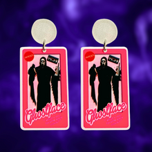 Load image into Gallery viewer, Earrings featuring Ghostface from Scream in a Barbie box, with a phone, knife, and VHS accessories, perfect for horror movie and Barbie fans looking for unique Halloween accessories
