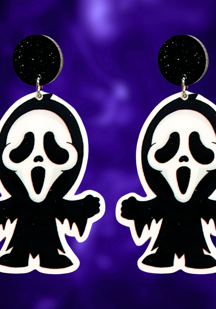 Cute cartoon Ghostface earrings from the Scream movie, perfect for fans of horror and unique Halloween accessories.
