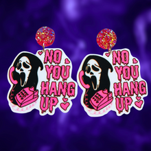 Load image into Gallery viewer, Pink Ghostface earrings featuring the killer on the phone saying &#39;No You Hang Up,&#39; designed for fans of the Scream movie and fun Halloween accessories.
