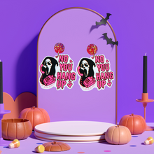 Load image into Gallery viewer, Pink Ghostface earrings featuring the killer on the phone saying &#39;No You Hang Up,&#39; designed for fans of the Scream movie and fun Halloween accessories.
