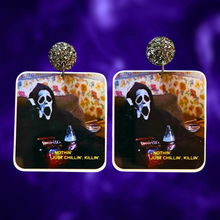 Load image into Gallery viewer, Earrings featuring Ghostface from Scary Movie with the phrase &#39;Just chilling, killing,&#39; perfect for fans of horror comedies and unique Halloween accessories
