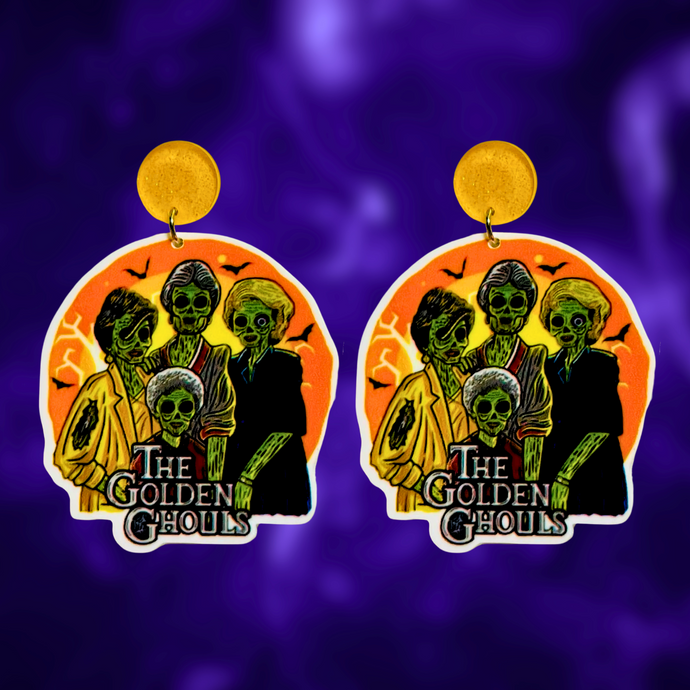 Earrings featuring the Golden Girls as zombies, titled 'Golden Ghouls,' perfect for fans of the show and quirky Halloween accessories.