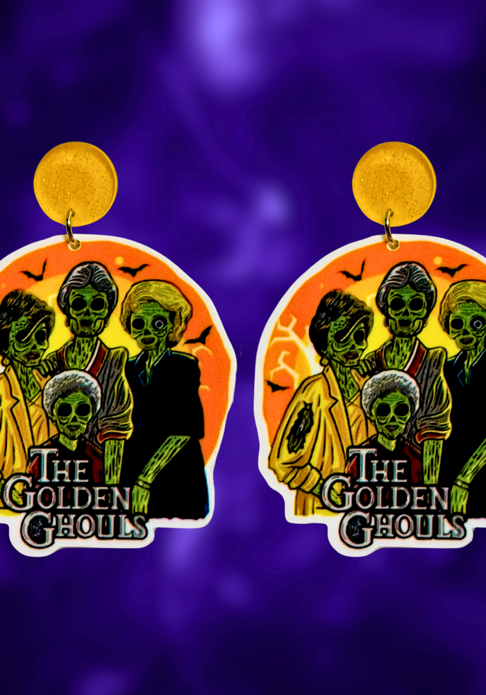 Earrings featuring the Golden Girls as zombies, titled 'Golden Ghouls,' perfect for fans of the show and quirky Halloween accessories.
