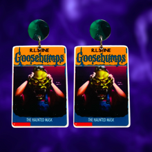 Load image into Gallery viewer, Earrings featuring the Goosebumps &#39;Haunted Mask&#39; book cover, perfect for fans of the iconic R.L. Stine series and nostalgic Halloween style.
