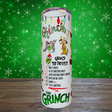 Load image into Gallery viewer, A 20 oz stainless steel insulated tumbler featuring a fun pattern with iconic Grinch quotes. Comes with a clear lid, metal straw, and straw cleaner, perfect for hot and cold drinks. Discounted due to slight ghosting in three small spots.
