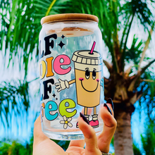 Load image into Gallery viewer, A 16 oz glass cup featuring a retro ‘Half Baddie Half Coffee’ design with bold lettering and a cute iced coffee character. Includes a bamboo lid and reusable glass straw, perfect for cold drinks. BPA-free and handwash only.
