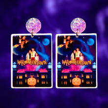 Load image into Gallery viewer, Halloweentown movie cover earrings, featuring iconic scenes from the classic Disney Channel Original Movie, perfect for Halloween and nostalgic fans.
