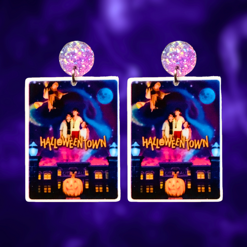 Halloweentown movie cover earrings, featuring iconic scenes from the classic Disney Channel Original Movie, perfect for Halloween and nostalgic fans.