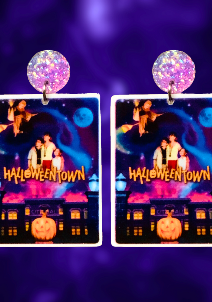 Halloweentown movie cover earrings, featuring iconic scenes from the classic Disney Channel Original Movie, perfect for Halloween and nostalgic fans.