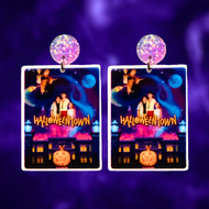 Halloweentown movie cover earrings, featuring iconic scenes from the classic Disney Channel Original Movie, perfect for Halloween and nostalgic fans.
