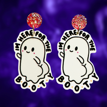 Load image into Gallery viewer, A pair of fun Halloween ghost earrings with the text &#39;Here for the BOOty,&#39; designed for adding a playful, quirky touch to Halloween accessories and fashion.
