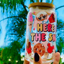 Load image into Gallery viewer, A 16oz BPA-free glass cup featuring a colorful UVDTF wrap with Disney-inspired snacks, including churros, Mickey pretzels, and ice cream. Comes with a bamboo lid and reusable glass straw, perfect for Disney and snack lovers.
