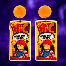 Load image into Gallery viewer, Earrings featuring Chuckie from Child&#39;s Play on a Hi-C juicebox labeled &#39;good guy grape,&#39; perfect for fans of nostalgic horror and unique Halloween accessories
