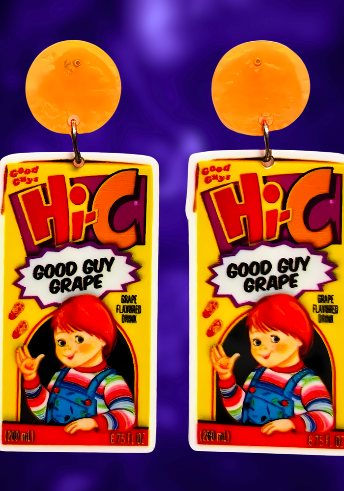 Earrings featuring Chuckie from Child's Play on a Hi-C juicebox labeled 'good guy grape,' perfect for fans of nostalgic horror and unique Halloween accessories