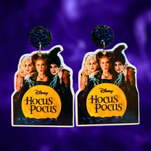 Load image into Gallery viewer, Earrings featuring the iconic Hocus Pocus Disney movie cover, showcasing the Sanderson sisters.
