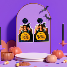 Load image into Gallery viewer, Earrings featuring the iconic Hocus Pocus Disney movie cover, showcasing the Sanderson sisters.
