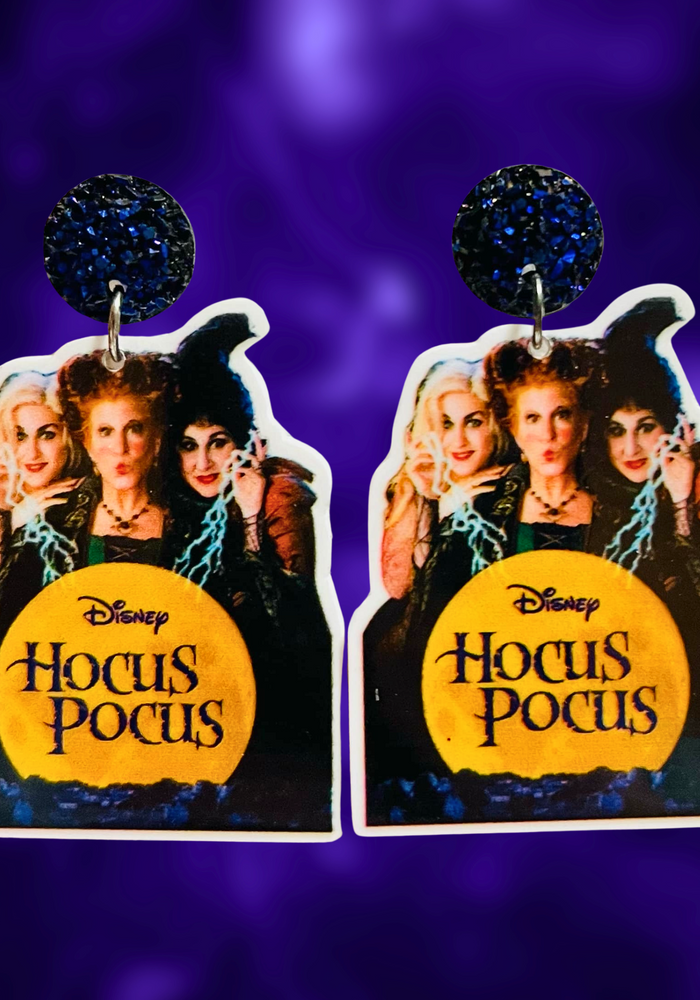 Earrings featuring the iconic Hocus Pocus Disney movie cover, showcasing the Sanderson sisters.