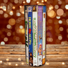 Load image into Gallery viewer, A 20 oz stainless steel insulated Christmas Movie Tumbler featuring a colorful design with movie covers including Elf, Home Alone, Jingle All The Way, and Santa Claus is Coming to Town. Comes with a clear lid, metal straw, and straw cleaner, perfect for hot and cold drinks.
