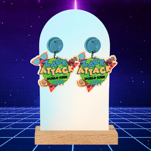 Zack Attack World Tour earrings on a retro background 