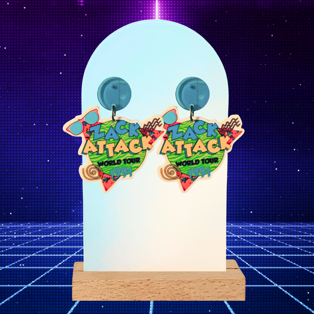 Zack Attack World Tour earrings on a retro background 